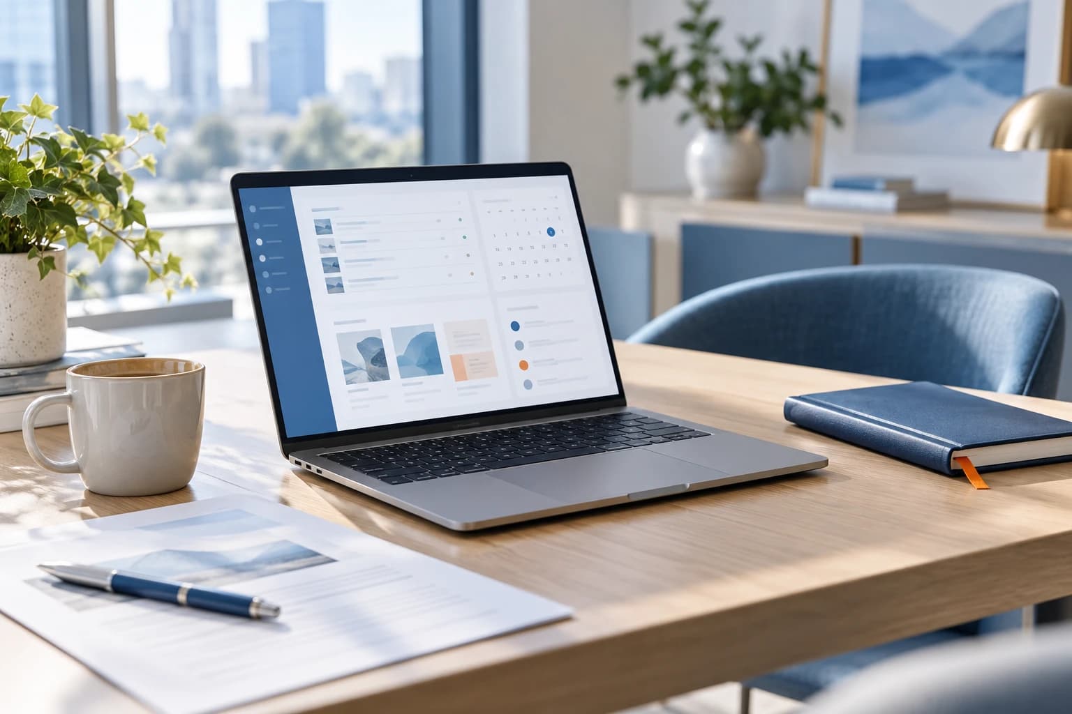 Illustration of a laptop on a tidy desk, its screen showing a simple planning view with task lists and a calendar, beside a notebook and a cup of coffee.